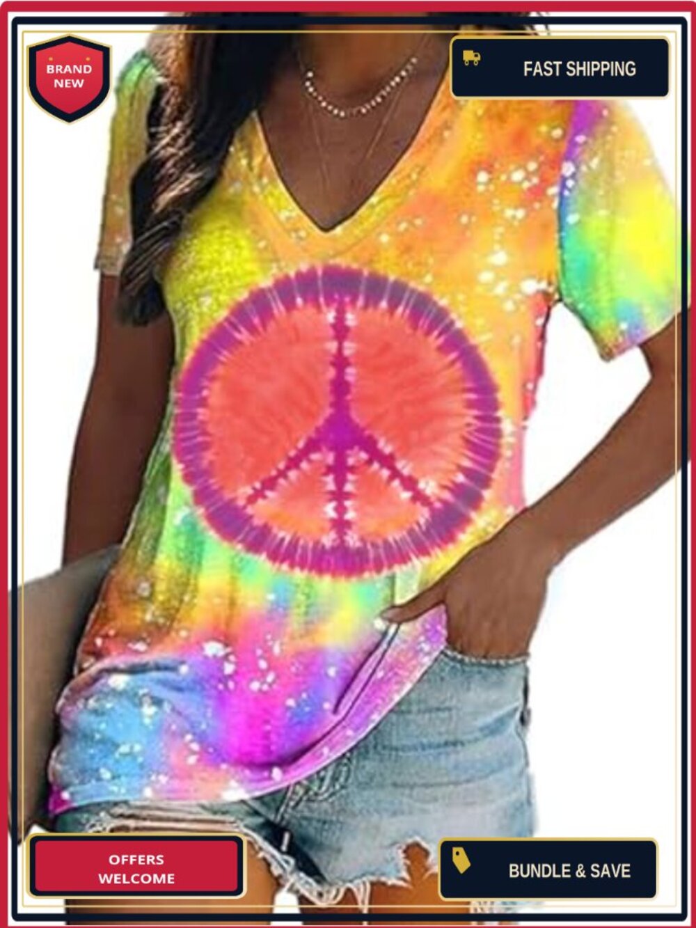 Hippie Tie Dye Peace Sign Graphic T-Shirt Short Sleeve V-Neck Retro
